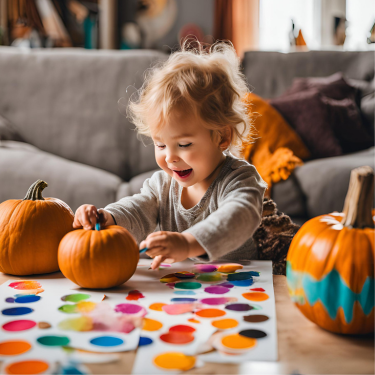 Child decorating pumpkins